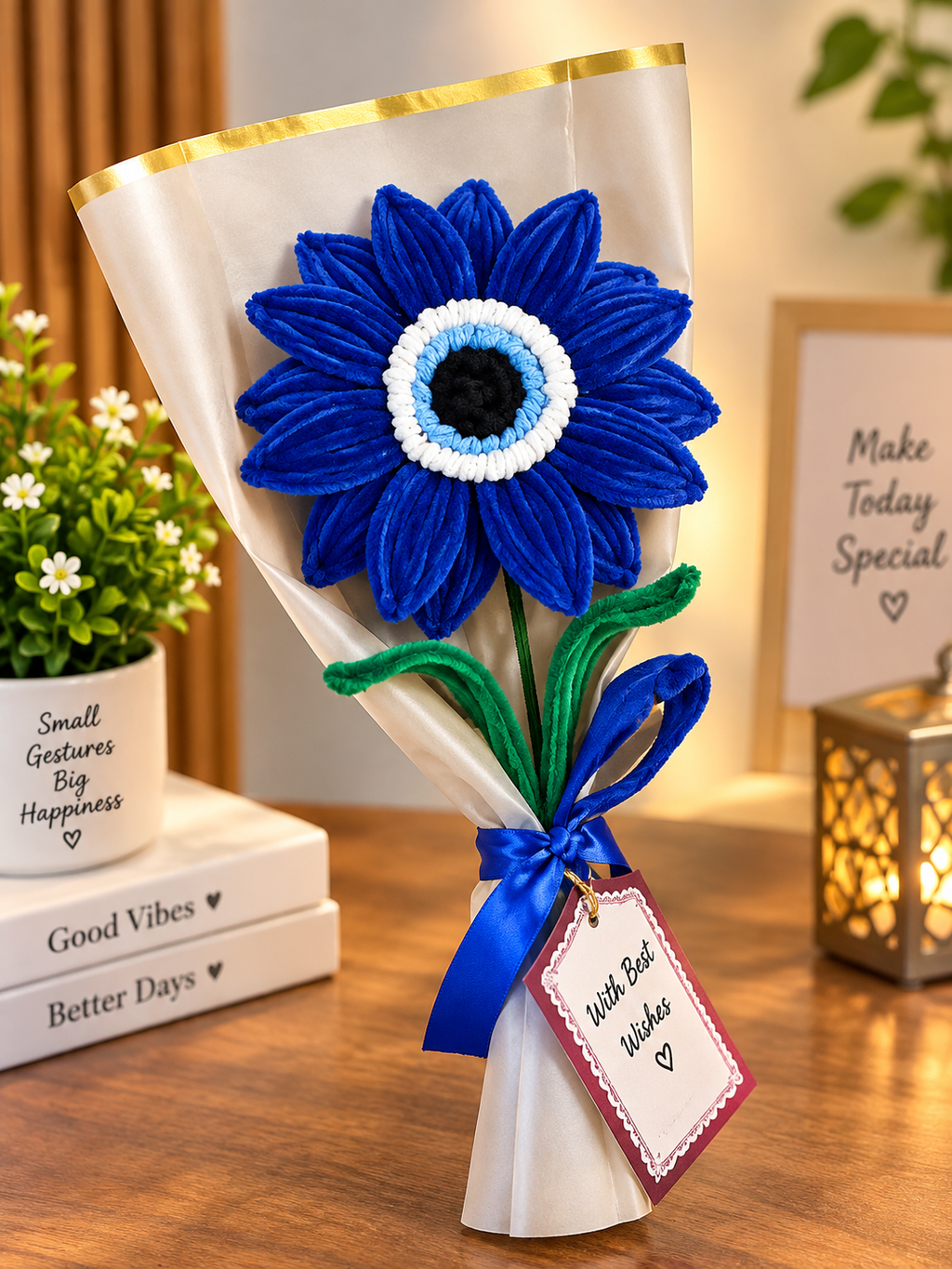 Royal Blue Evil Eye Flower Bouquet – Handmade Artificial Flower Gift