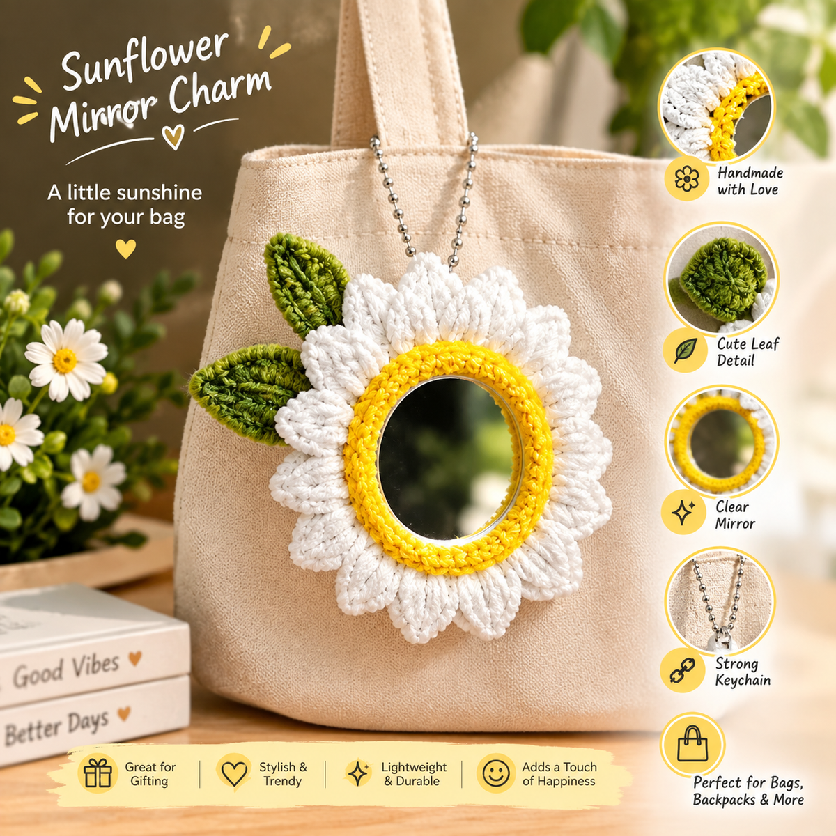 Handmade Sunflower Mirror Bag Charm – Crochet Floral Mini Mirror Keychain