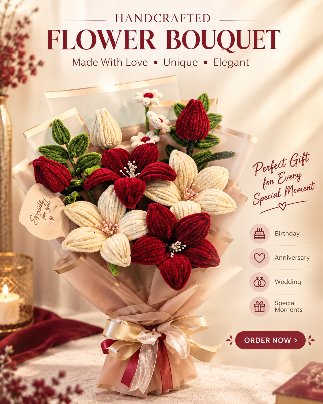 🌹 Handmade Red & Cream Flower Bouquet
