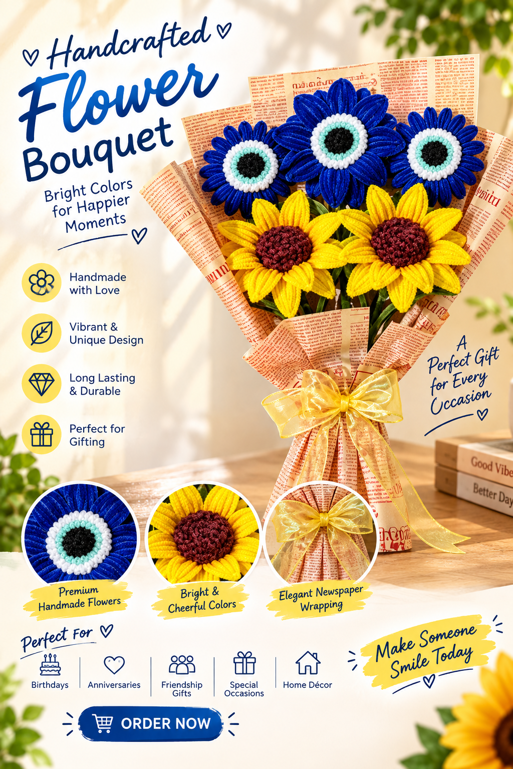 🌻 Blue & Yellow Handmade Flower Bouquet — Shopify Description