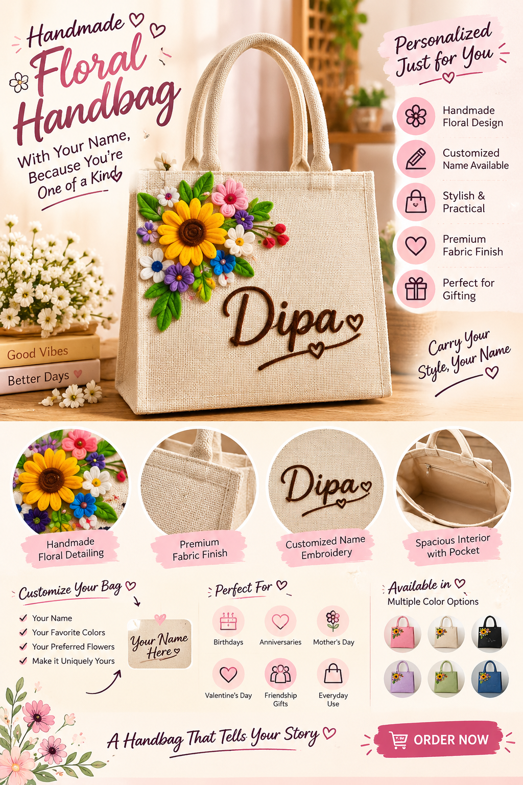 🌸 Personalized Handmade Floral Handbag