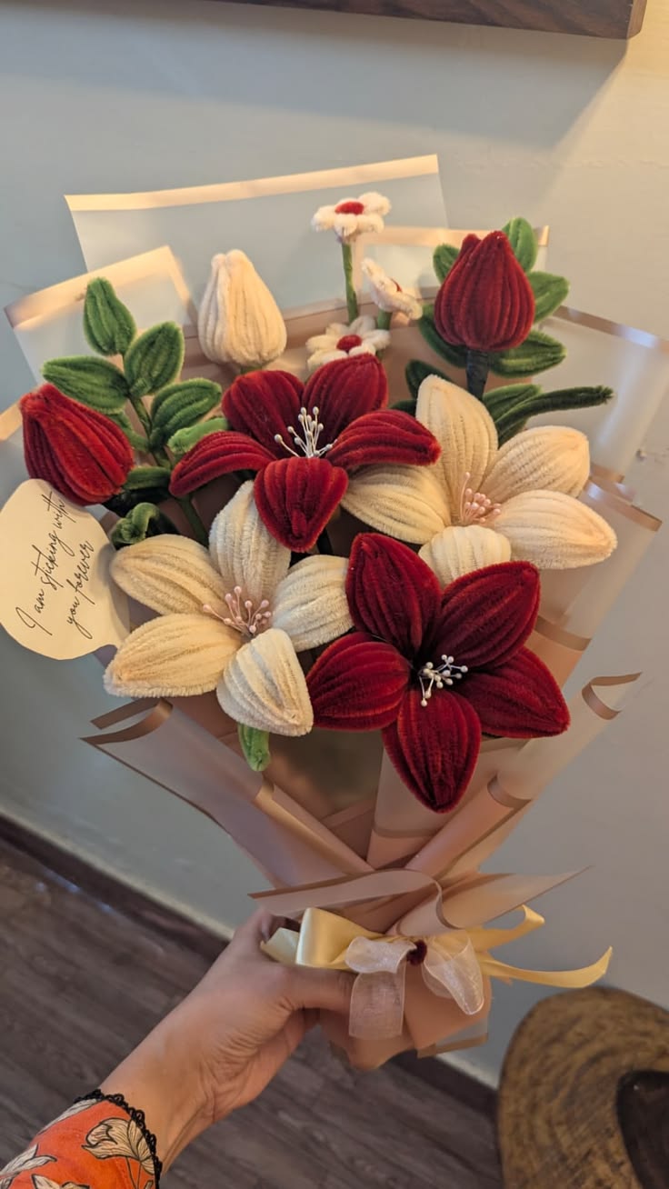 🌹 Handmade Red & Cream Flower Bouquet